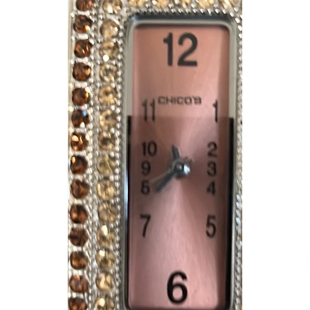 Chicos Crystal Cuff Watch Pink Dial Brown Band Statement Rhinestone Bezel‎
